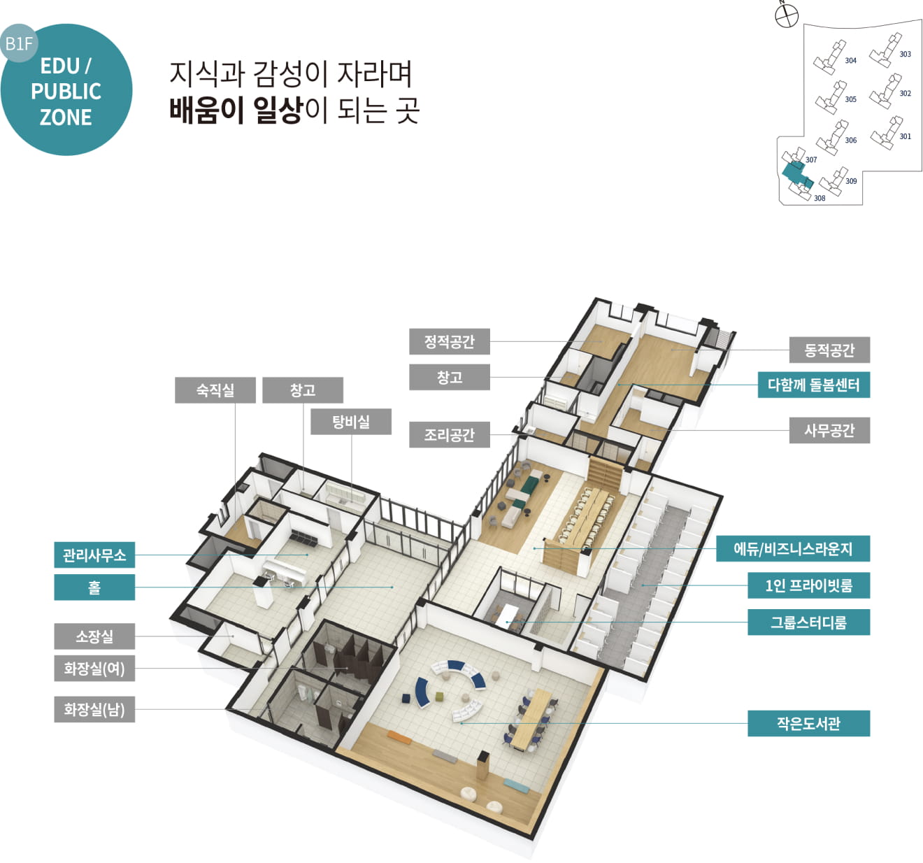 관저더샵 지하 1층 교육 공공존 작은도서관 에듀 비즈니스 라운지 다함께돌봄센터 배치도